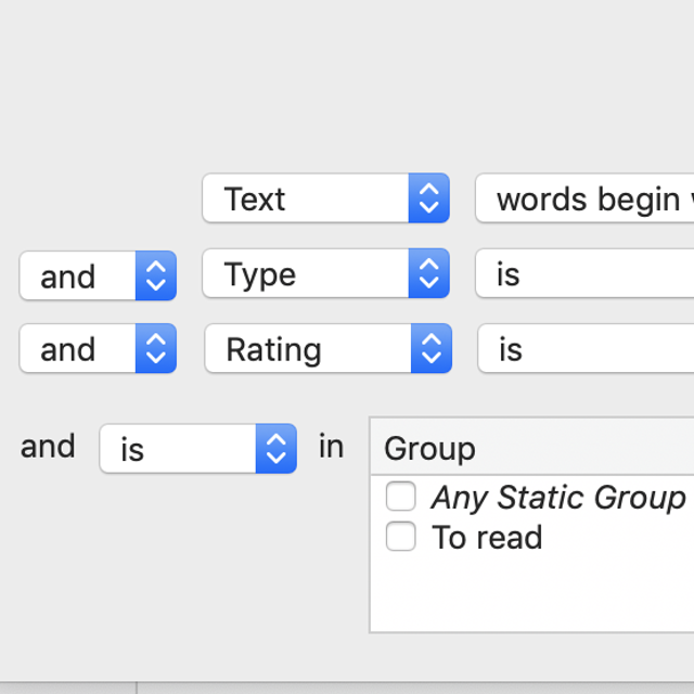 Bookends Smart Group filter controls.
