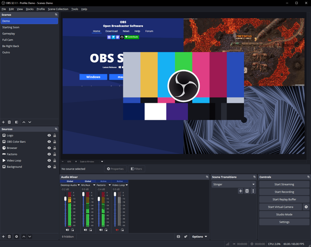 Official website example: Windows OBS32.1.1 scenes, sources and audio mixer; not a current Mac capture.