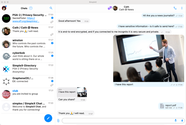 SimpleX Chat — official desktop conversation and file-sharing example