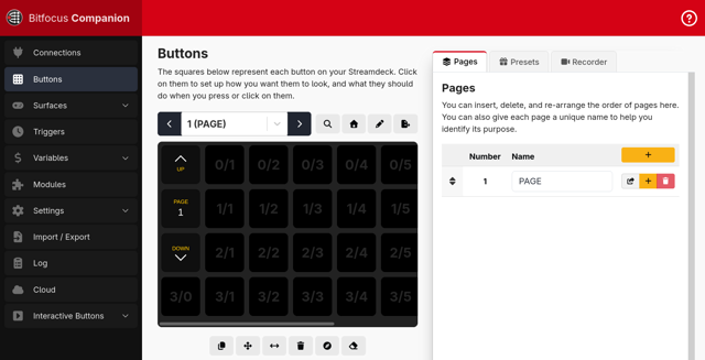 Bitfocus Companion administration interface with button grid and page management