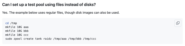 Creating a RAID-Z test pool from regular files — screenshot of official operation documentation
