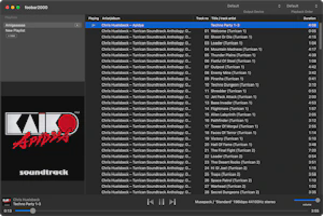 foobar2000 on macOS: dark playlist, album art and playback controls; exact app version unknown.