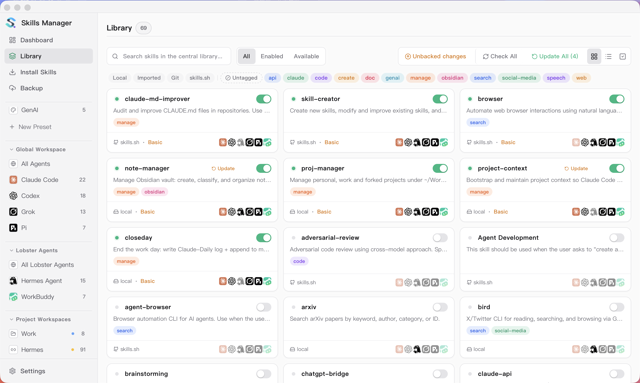 Captura de tela oficial da biblioteca do Skills Manager em estilo Mac; compilação exata do aplicativo não especificada.