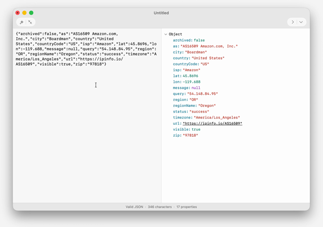 JSON text and tree view on macOS — official demo video frame