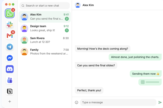 Official website demo of Singlebox with sample third-party chat content; not a macOS build test.