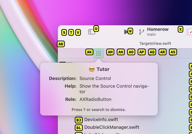 Tutor oficial de Homerow y etiquetas del teclado sobre Xcode en macOS (ejemplo de la documentación).