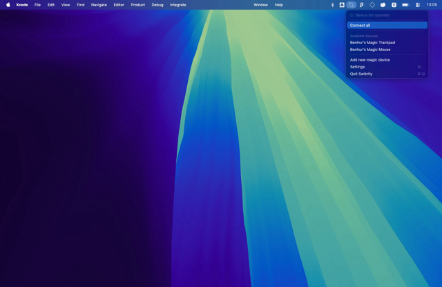 Switchy Mac menu-bar device controls from the official homepage; devices shown are demo examples.