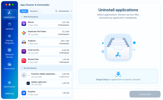 Aba Aplicativos oficial do App Cleaner & Uninstaller mostrando a remoção completa de aplicativos.