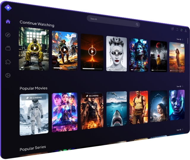 Official Stremio desktop interface mockup with continue-watching and catalog views; exact build unspecified.