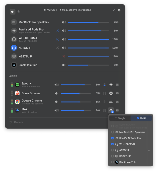 Official Mac popup example showing app/device volumes and multi-output routing; not a newly captured 1.9.0 session.