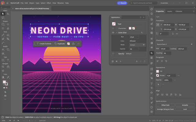 Captura de tela oficial do VectorCraft: arte Neon Drive e controles de aparência.