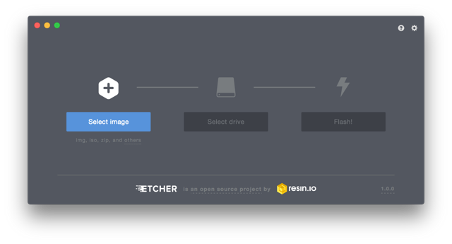 Official historical Etcher 1.0.0 macOS example: select image, select drive, flash. Not the current 2.1.7 UI.