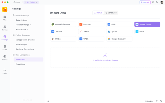 Official Europe migration guide screenshot of the data-import interface.
