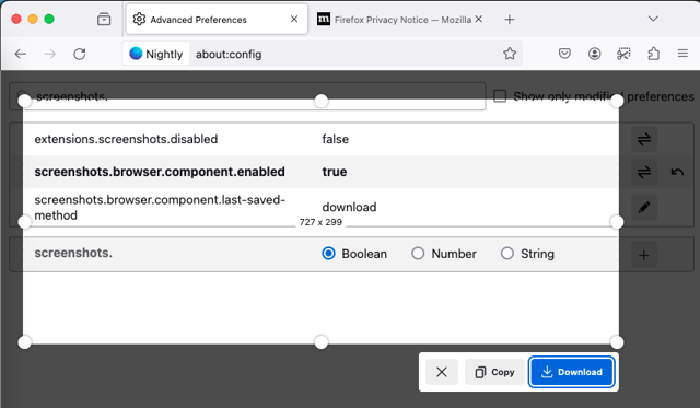 公式2024年3月のFirefox Nightly macOS画面。about:configでスクリーンショット機能。ビルド不明。