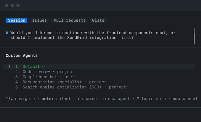 Официальный пример GitHub: выберите пользовательский агент для программирования для сеанса Copilot CLI.