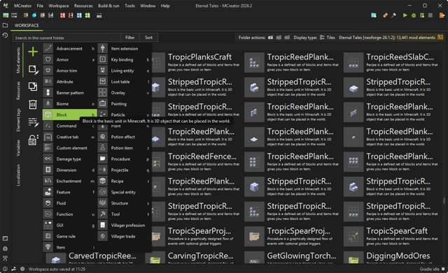 Official Windows screenshot of MCreator 2026.2 showing workspace elements and the creation menu.