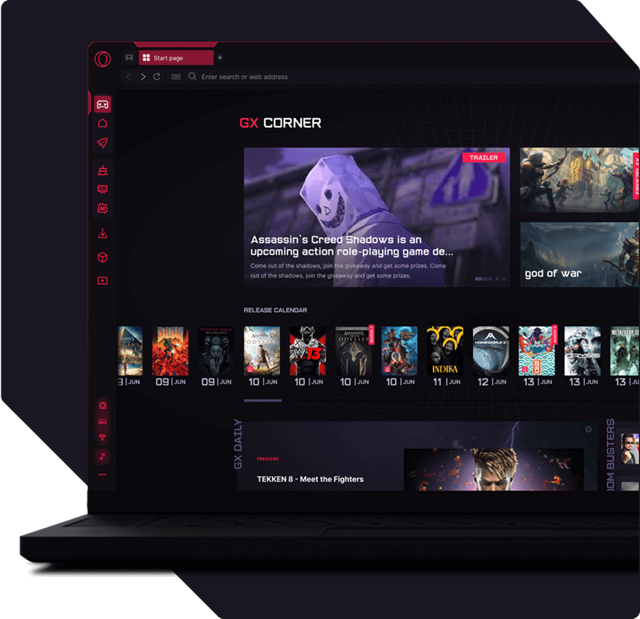 Opera GX 的 GX Corner 界面（官方功能示例）
