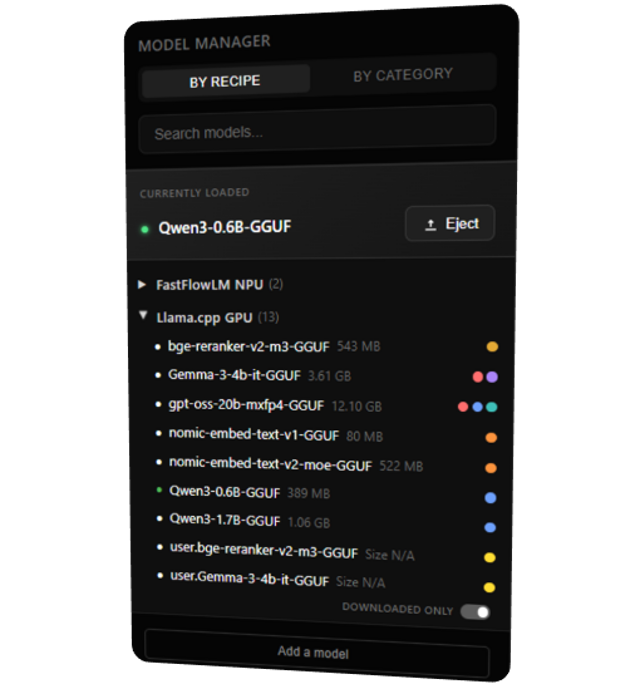 Official Model Manager preview with model search, categories and sizes.
