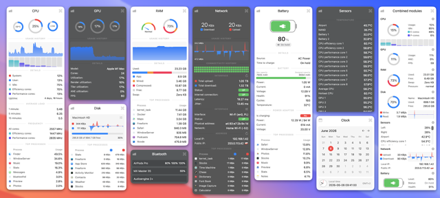 Официальный монтаж всплывающих окон модулей Stats: CPU, GPU, RAM, диски, сеть, батарея и датчики; примеры показаний оборудования.