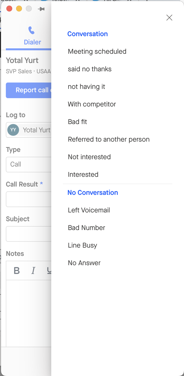 Official Nov 2025 Groove OmniDialer Mac guide: call-result picker with sample contact; not a current test.