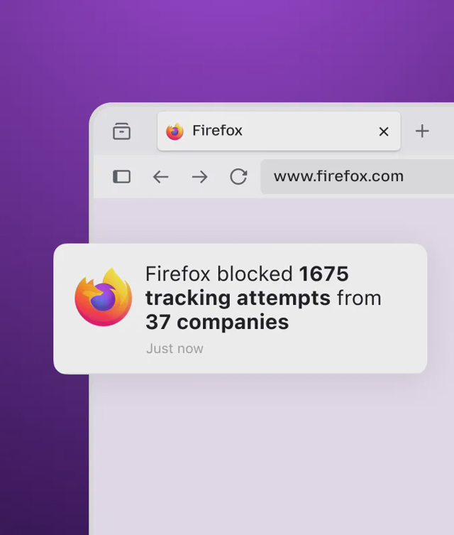 Firefox 官方网站关于跟踪保护的示意图；显示的拦截计数仅为示例。