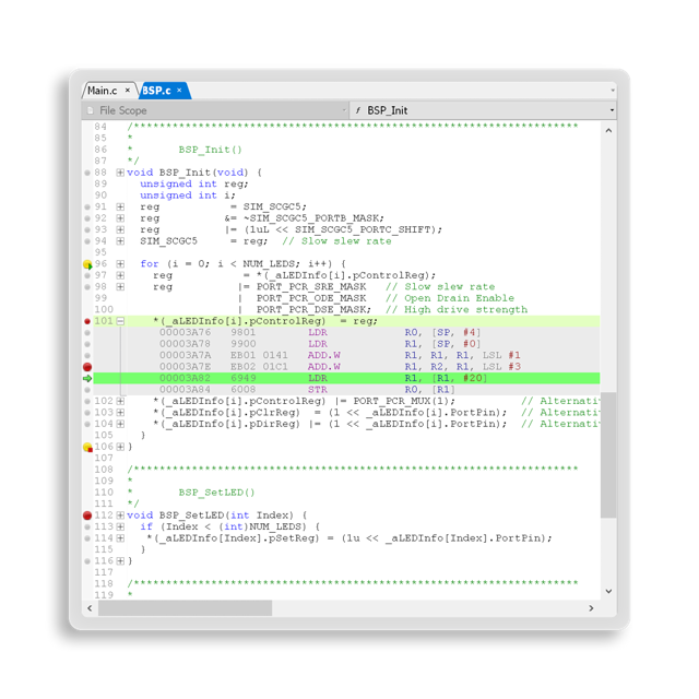 Official source-viewer detail with breakpoints and inline disassembly.