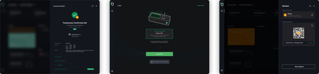 Official Green 2.0 desktop interface presentation: transactions, Jade setup and receiving. Platform unspecified.