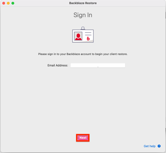 Official historical Mac sign-in screen; the tutorial highlights the Next button.