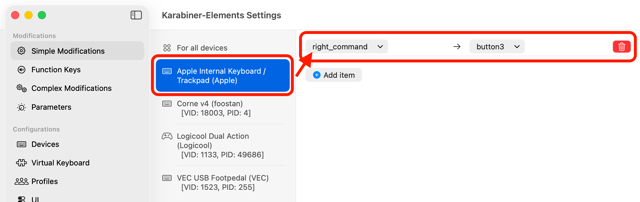 公式のMacガイド：選択したキーボードで、右のCommandをマウスのbutton3に割り当てます。バージョン固有のキャプチャではありません。