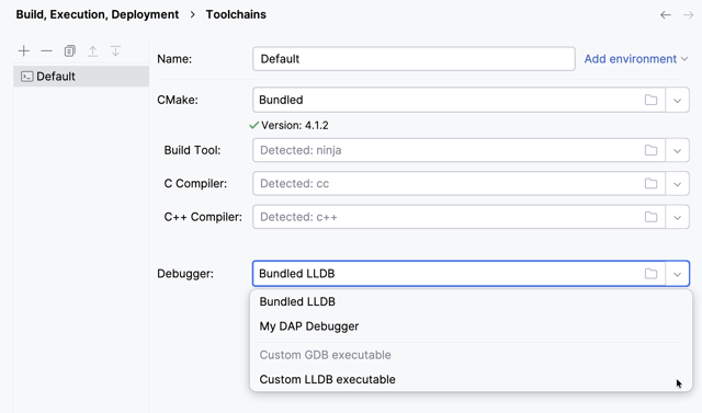 macOS 官方设置指南中的 CLion 工具链和调试器设置。