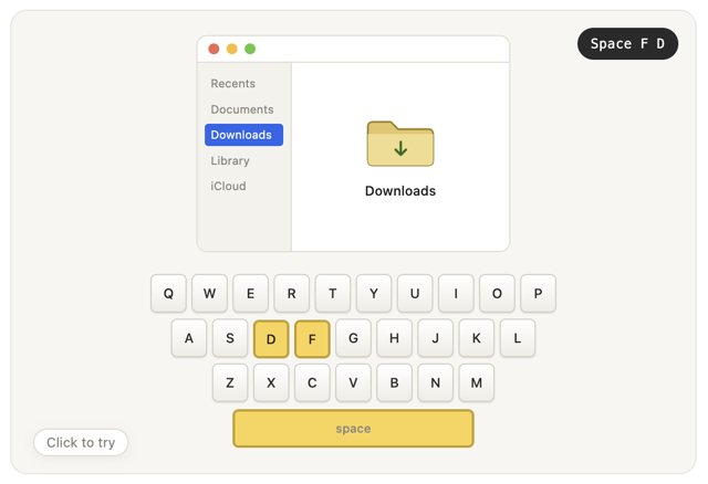 Space → F → D abre Descargas: captura de la demostración interactiva oficial