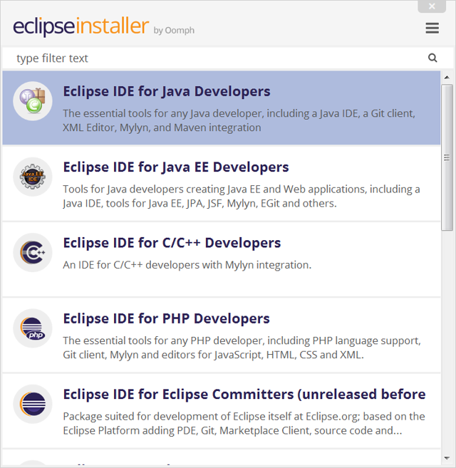 Historical official Eclipse Installer guide: selecting an IDE package.
