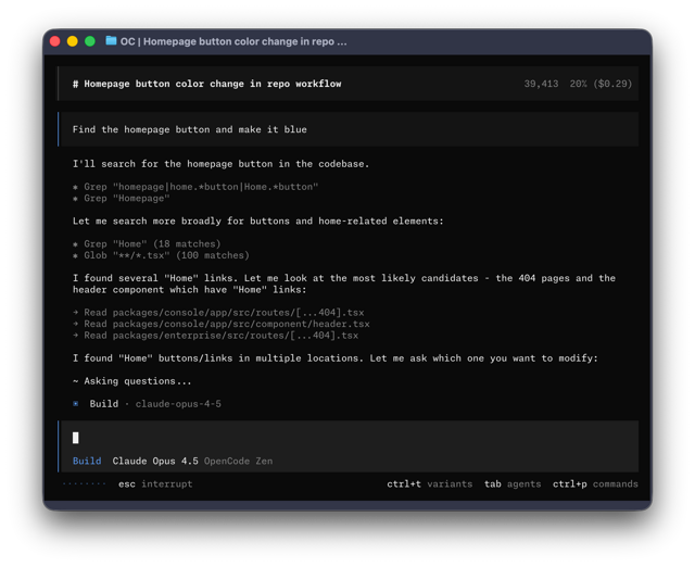 Official historical OpenCode v0.3.11 terminal workflow; product-family example, not the current desktop interface.