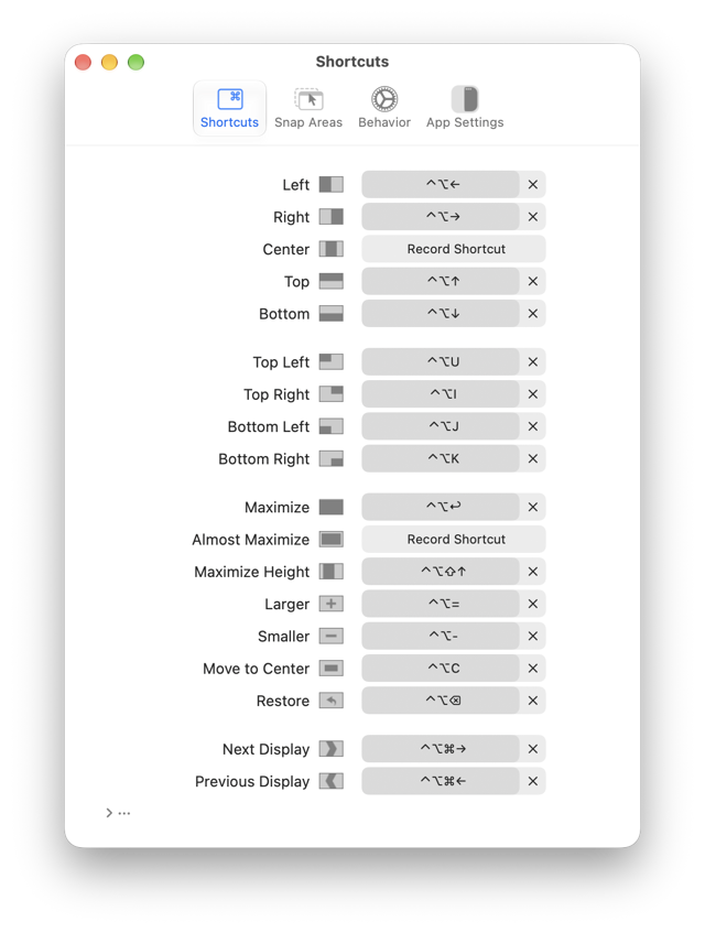 Official Rectangle README example of shortcut settings for resizing, positioning and moving windows between displays.