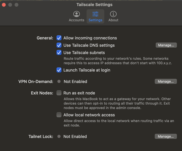 Official macOS documentation screenshot: incoming connections, DNS, subnet, and exit-node settings.