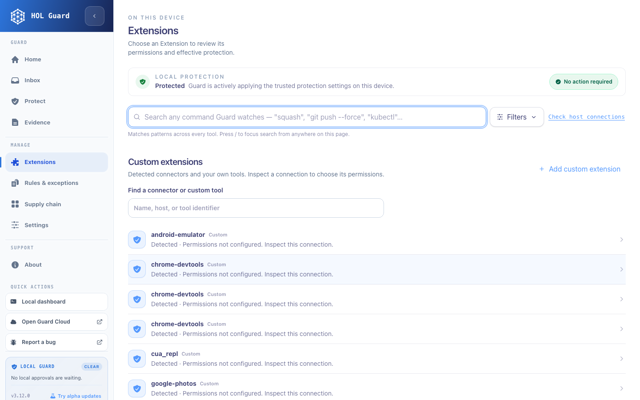 Official HOL Guard v3.12.0 test screenshot: Extensions (Oct 2026); not a Mac build test.