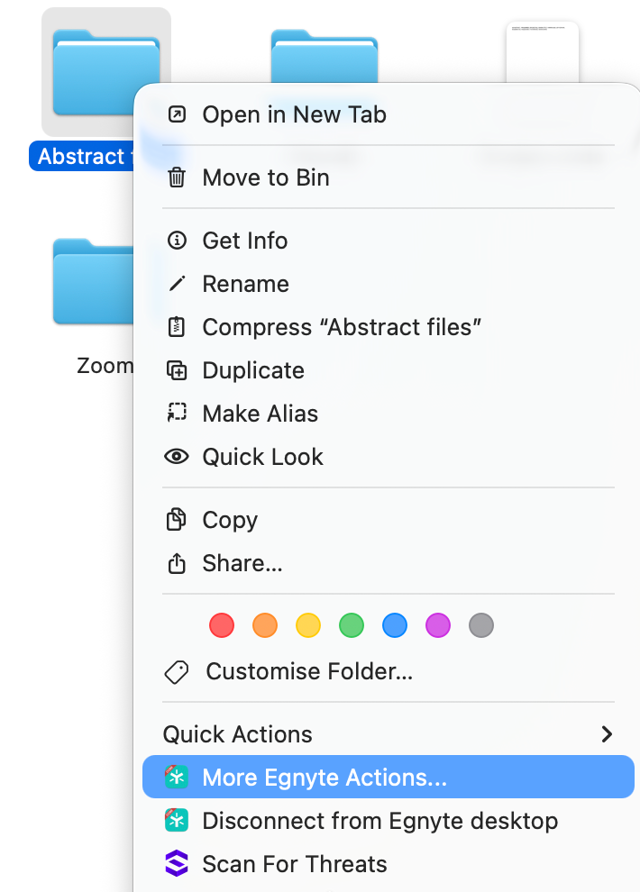 Official Mac 1.19.0 example of Egnyte Actions in a Finder Connected Folder menu.