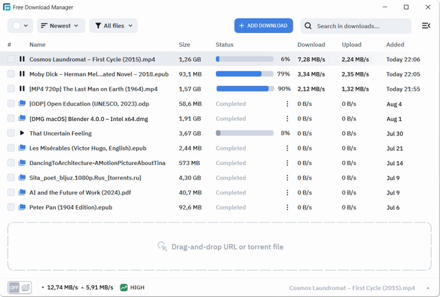 Free Download Manager download list with Windows-style controls; exact app version unknown
