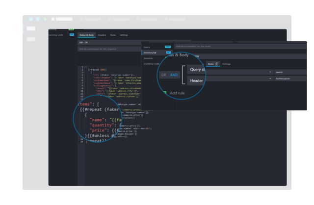 Official Mockoon desktop interface showing response rules and JSON templating.