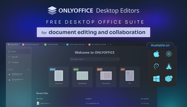 Official Desktop Editors promotional image with real app UI; pictured build and desktop platform unspecified.