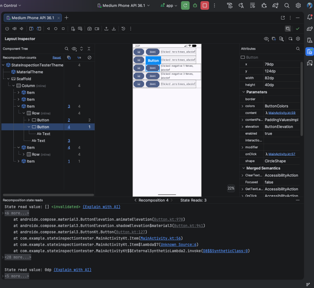 Official Quail 4 example: inspect Compose recomposition counts, state reads, and component attributes.