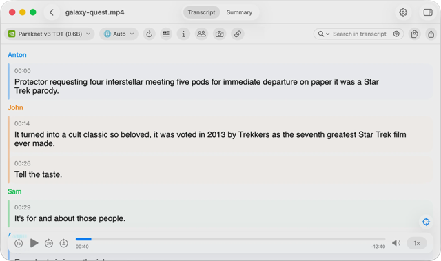 MeetMic for Mac — official transcript interface example