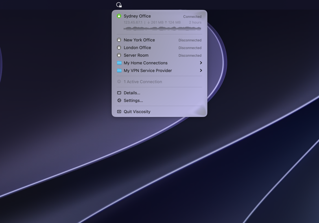 Viscosity Mac 版 VPN 連線選單（官方示例）