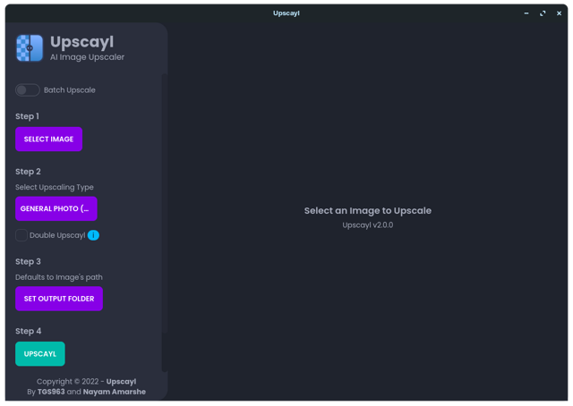 Official historical Upscayl 2.0.0 interface; platform not confirmed, not the current Mac UI.