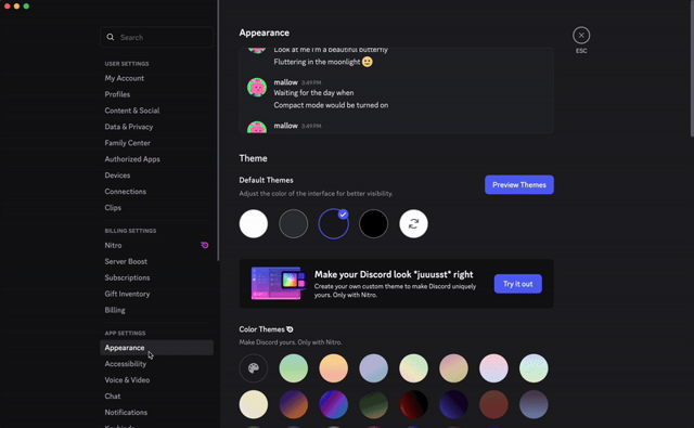 Discord appearance settings on macOS, from the official shared desktop guide (theme selection example)