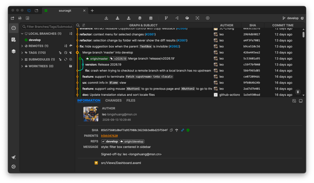 Official cross-platform SourceGit dark-theme interface with repository history and a visual commit graph.