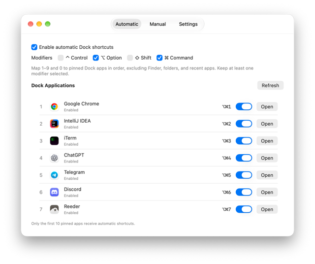 Capture officielle de SnapDock : raccourcis automatiques du Dock dans la fenêtre des réglages.
