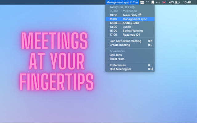 Official historical MeetingBar Mac promotion with its menu-bar meeting list; application version unspecified.
