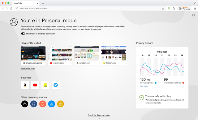 Ulaa for Mac — official Personal Mode interface illustration with sample April 2021 data