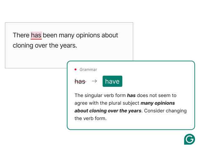 Ilustración oficial del producto Grammarly Desktop que muestra una corrección gramatical; no es una captura de pantalla de una versión específica.